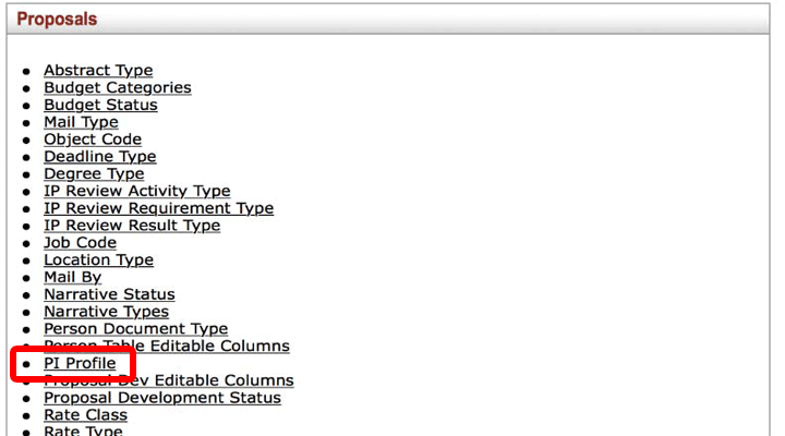The PI Profile link in the Proposals channel