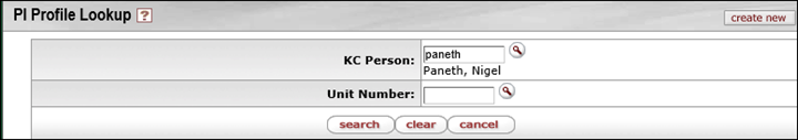 The KC Person field and the department common unit code in the Unit Number field in the PI Profile Lookup panel