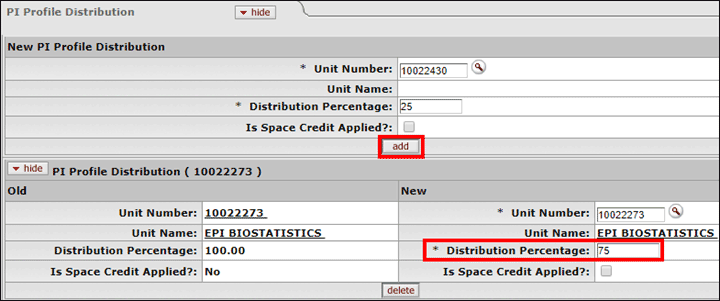 The PI Profile Distribution panel with the add button indicated under the New PI Profile Distribution subpanel and the Distribution Percentage field indicated in the old PI Profile Distribution