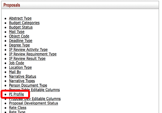 The PI Profile link in the Proposals channel