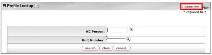 The Create New Button highlighted in the upper right corner of the PI Profile Lookup screen