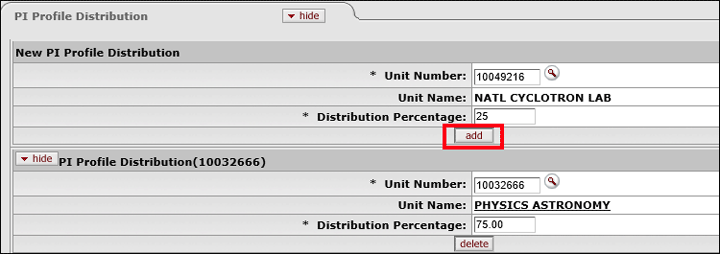 The Add button highlighted in the PI Profile Distribution panel