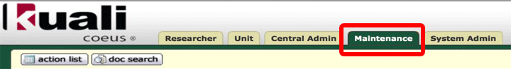 The maintenance tab in Kuali Coeus