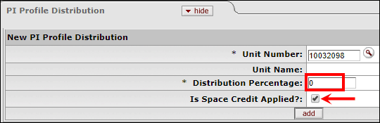 Distribution Percentage field and Is Space Credit Applied checkbox highlighted in PI Profile Distribution panel