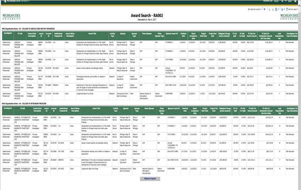 Award Search Report Example