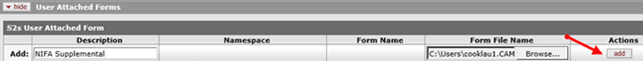 The add button indicated in the Actions column for the example form in the S2S User Attached Form subpanel