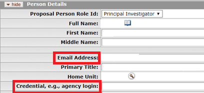 Email address and credential fields highlighted on the Person Details panel