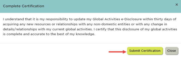 Submit Certification button indicated on the Complete Certification box