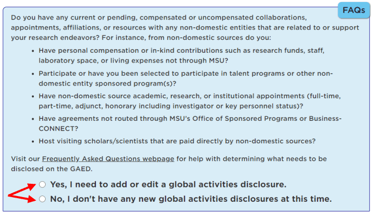 Yes and no question responses highlighted beneath the Global Activities Disclosure form question